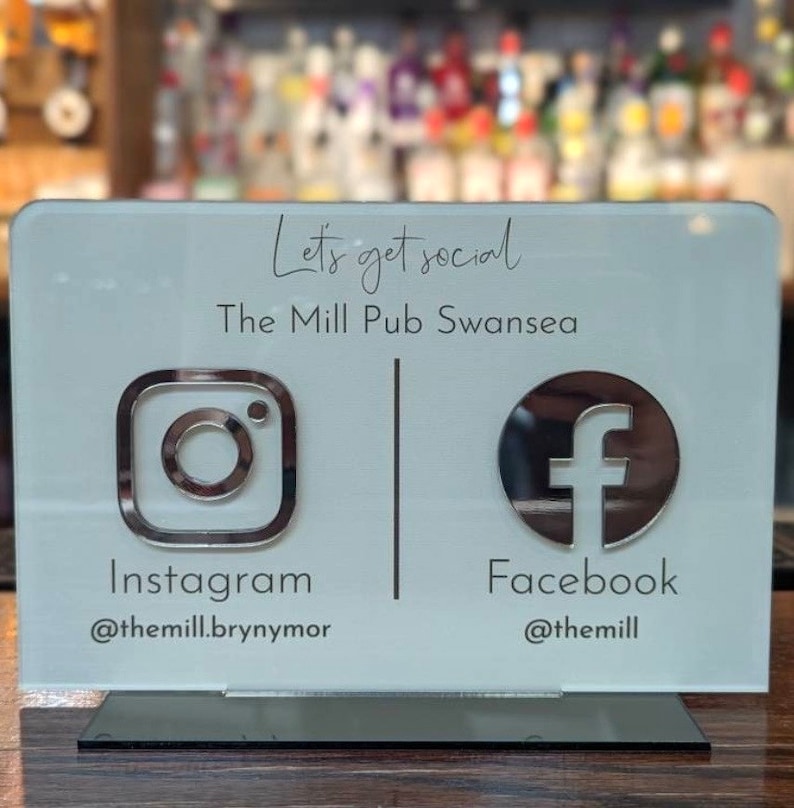 Social media sign for small business, gold & white mirror icons, connect with us sign, custom acrylic business logo sign, reception office counter top standee table talker