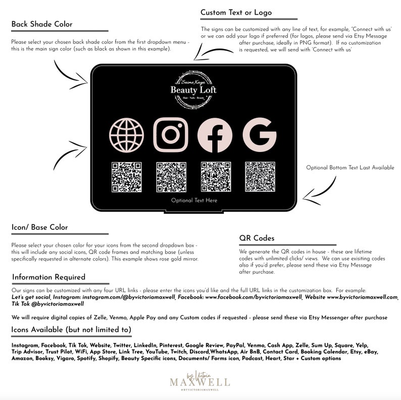 Multi QR Code Instagram Facebook Business Social Media Sign | Salon Sign | QR Code Sign image 2