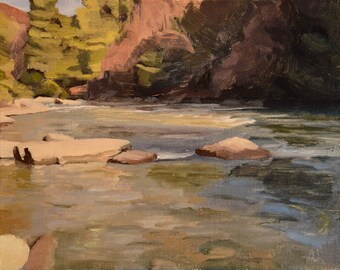 original oil painting on canvas, View Downstream, 11 x 14 landscape with river and mountains