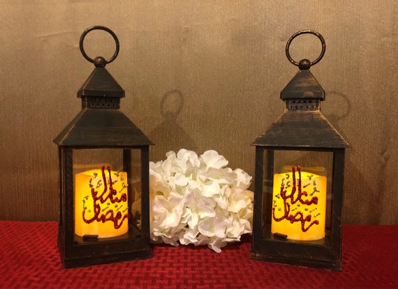 Ramadan Lanterns, Set of 2,islamic Decorative Lanterns,islamic Table Decor,ramadan  Decoration,led Candles,hand Painted Lanterns 