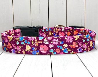 Floral Dog Collar, Handmade, Fabric Covered Nylon Webbing Core ~ Burgundy Tossed Floral