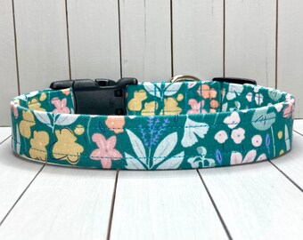 Floral Dog Collar, Handmade, Fabric Covered Nylon Webbing Core ~ Teal Meadow Floral