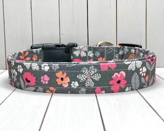 Floral Dog Collar, Handmade, Fabric Covered Nylon Webbing Core ~ Gray Paw Print Floral