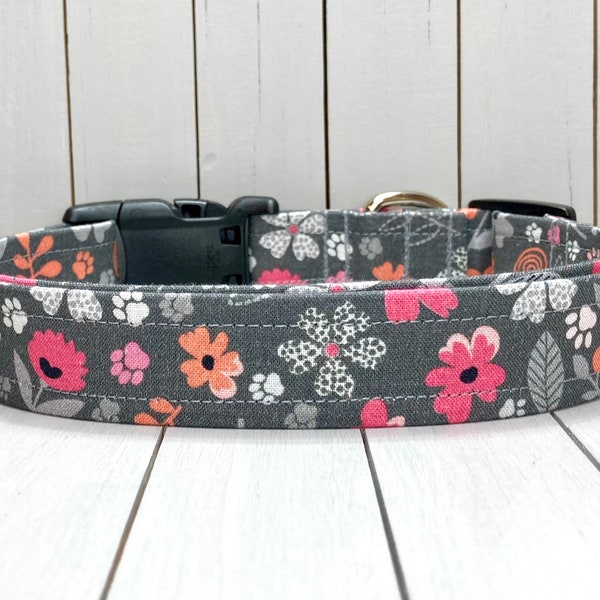 Floral Dog Collar, Handmade, Fabric Covered Nylon Webbing Core ~ Gray Paw Print Floral