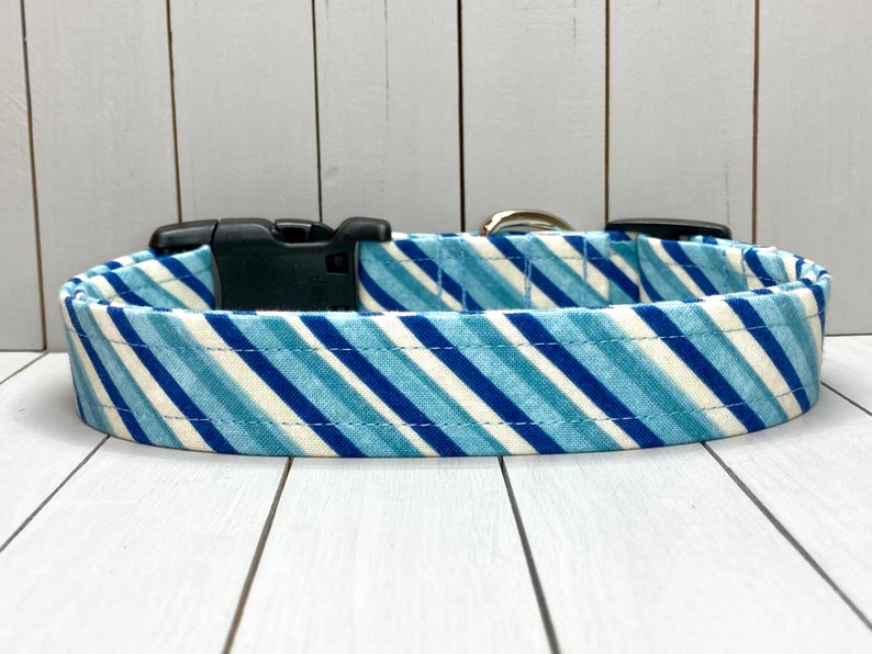 Striped Dog Collar, Handmade, Fabric Covered Nylon Webbing Core Blue Stripes image 1