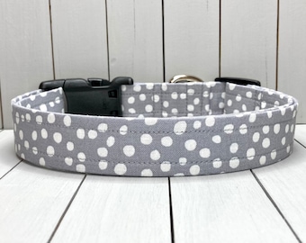 Polkadot Dog Collar, Handmade, Fabric Covered Nylon Webbing Core ~ Gray Dots