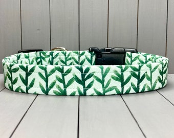 Botanical Dog Collar, Handmade, Fabric Covered Nylon Webbing Core ~ Light Green Vine