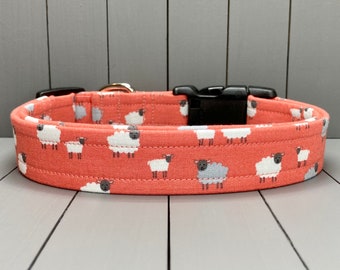 Spring Dog Collar, Handmade, Fabric Covered Nylon Webbing Core ~ Coral Sheep