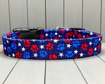 Americana Dog Collar, Handmade, Fabric Covered Nylon Webbing Core ~ Red, White, and Blue Pawprints