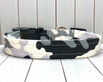 Camouflage Dog Collar, Handmade, Fabric Covered Nylon Webbing Core ~ Gray Camo