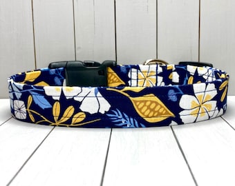 Floral Dog Collar, Handmade, Fabric Covered Nylon Webbing Core ~ Navy Blue & Mustard Floral