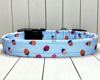 Ladybug Dog Collar, Handmade, Fabric Covered Nylon Webbing Core ~ Periwinkle Ladybugs