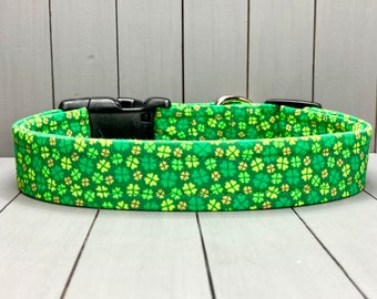 St. Patrick’s Day Dog Collar, Handmade, Fabric Covered Nylon Webbing Core ~ Green Shamrocks