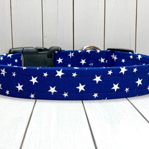 Star Dog Collar, Handmade, Fabric Covered Nylon Webbing Core ~ Navy Blue Stars