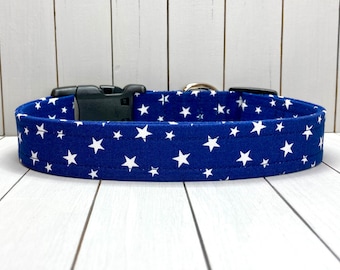 Star Dog Collar, Handmade, Fabric Covered Nylon Webbing Core ~ Navy Blue Stars