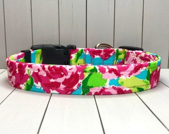 Floral Dog Collar, Handmade, Fabric Covered Nylon Webbing Core ~ Pink Roses