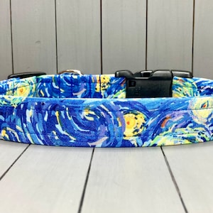 Van Gogh Inspired Dog Collar, Handmade, Fabric Covered Nylon Webbing Core ~ The Starry Night