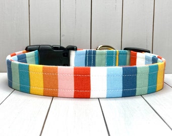 Striped Dog Collar, Handmade, Fabric Covered Nylon Webbing Core ~ Bold Multi Stripes