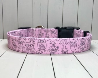 Owl Dog Collar, Handmade, Fabric Covered Nylon Webbing Core ~ Orchid Owls