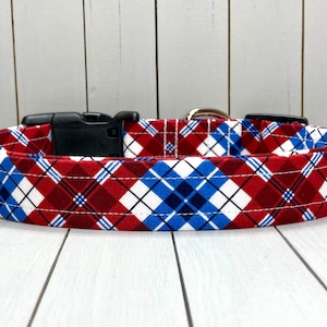 Plaid Dog Collar, Handmade, Fabric Covered Nylon Webbing Core ~ Red, White, and Blue Plaid