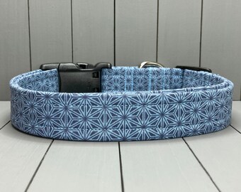 Geometric Dog Collar, Handmade, Fabric Covered Nylon Webbing Core ~ Blue Stars