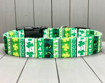 St. Patrick’s Day Dog Collar, Handmade, Fabric Covered Nylon Webbing Core ~ Saint Patty Stripes
