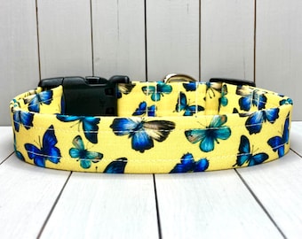 Butterfly Dog Collar, Handmade, Fabric Covered Nylon Webbing Core ~ Yellow Butterflies