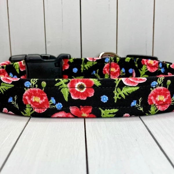 Floral Dog Collar, Handmade, Fabric Covered Nylon Webbing Core ~ Black Poppies