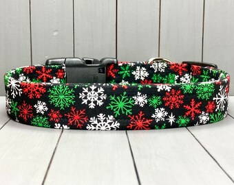 Holiday Dog Collar, Handmade, Fabric Covered Nylon Webbing Core ~ Christmas Snowflakes