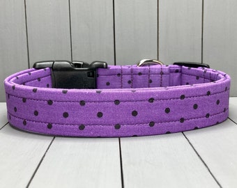 Halloween Dog Collar, Handmade, Fabric Covered Nylon Webbing Core ~ Purple Polka Dots