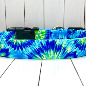 Tie-Dye Dog Collar, Handmade, Fabric Covered Nylon Webbing Core ~ Blue & Green Tie-Dye