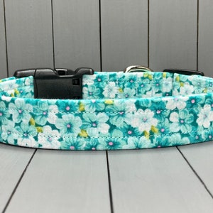 Floral Dog Collar, Handmade, Fabric Covered Nylon Webbing Core ~ Teal Tones Floral