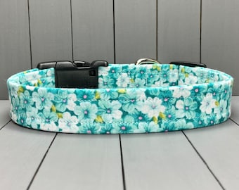 Floral Dog Collar, Handmade, Fabric Covered Nylon Webbing Core ~ Teal Tones Floral