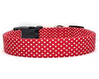 Valentine’s Day Dog Collar, Handmade, Fabric Covered Nylon Webbing Core ~ Red Mini Hearts