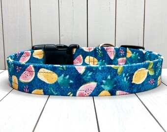 Summer Dog Collar, Handmade, Fabric Covered Nylon Webbing Core ~ Watermelons, Pineapples, and Lemons