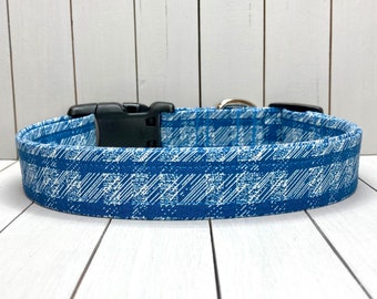 Plaid Dog Collar, Handmade, Fabric Covered Nylon Webbing Core ~ Denim Blue Scratch Plaid