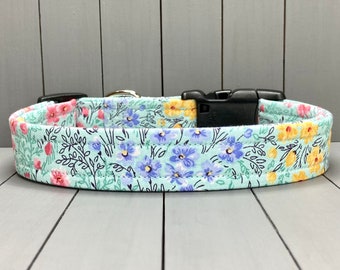 Floral Dog Collar, Handmade, Fabric Covered Nylon Webbing Core ~ Soft Teal Meadow