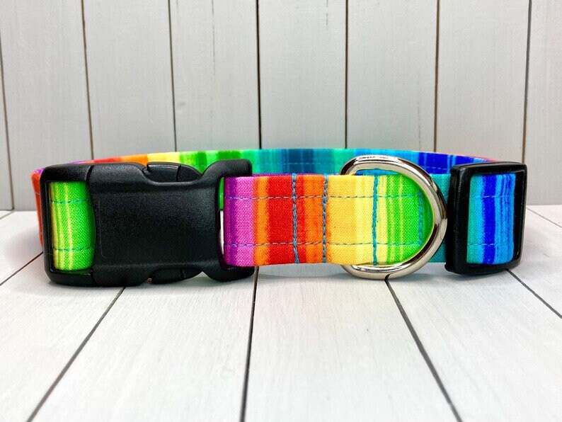 Rainbow Dog Collar, Handmade, Fabric Covered Nylon Webbing Core Rainbow Stripe 画像 2