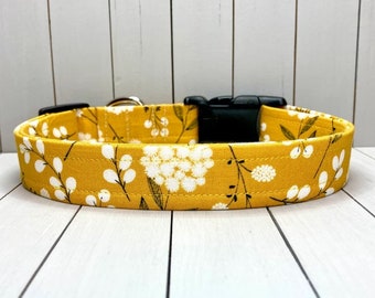 Floral Dog Collar, Handmade, Fabric Covered Nylon Webbing Core ~ Mustard Yellow Floral