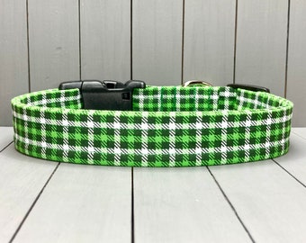 St. Patrick’s Day Dog Collar, Handmade, Fabric Covered Nylon Webbing Core ~ Mini Plaid