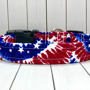 Tie-Dye Dog Collar, Handmade, Fabric Covered Nylon Webbing Core ~ Red, White, and Blue