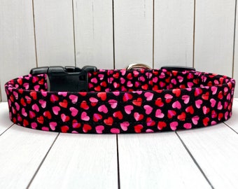 Valentine’s Day Dog Collar, Handmade, Fabric Covered Nylon Webbing Core ~ Red & Pink Hearts