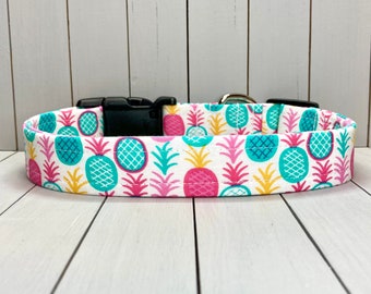 Summer Dog Collar, Handmade, Fabric Covered Nylon Webbing Core ~ Pineapples