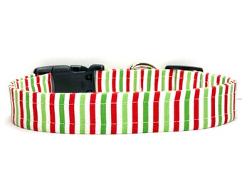 Holiday Dog Collar, Handmade, Fabric Covered Nylon Webbing Core ~ Christmas Stripes