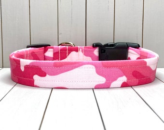 Camouflage Dog Collar, Handmade, Fabric Covered Nylon Webbing Core ~ Pink Camo