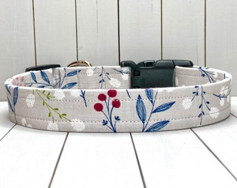 Floral Dog Collar, Handmade, Fabric Covered Nylon Webbing Core ~ Silver Floral