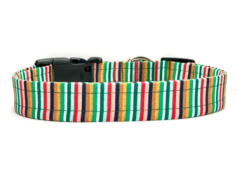 Holiday Dog Collar, Handmade, Fabric Covered Nylon Webbing Core Multi Gold Metallic Stripes image 1