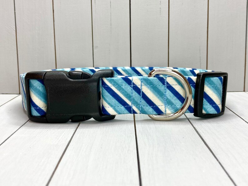 Striped Dog Collar, Handmade, Fabric Covered Nylon Webbing Core Blue Stripes image 2