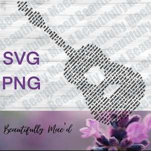 May include: A white wood background with a black guitar silhouette. The guitar is filled with song lyrics from the song "Beautifully Mae'd". The lyrics are in a black font. The bottom of the image shows a purple flower.