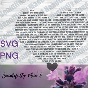 May include: A purple and white floral design with a heart in the center. The text "Beautifully Mae'd" is at the bottom of the image. The text above the floral design is a song lyric about love and passion.